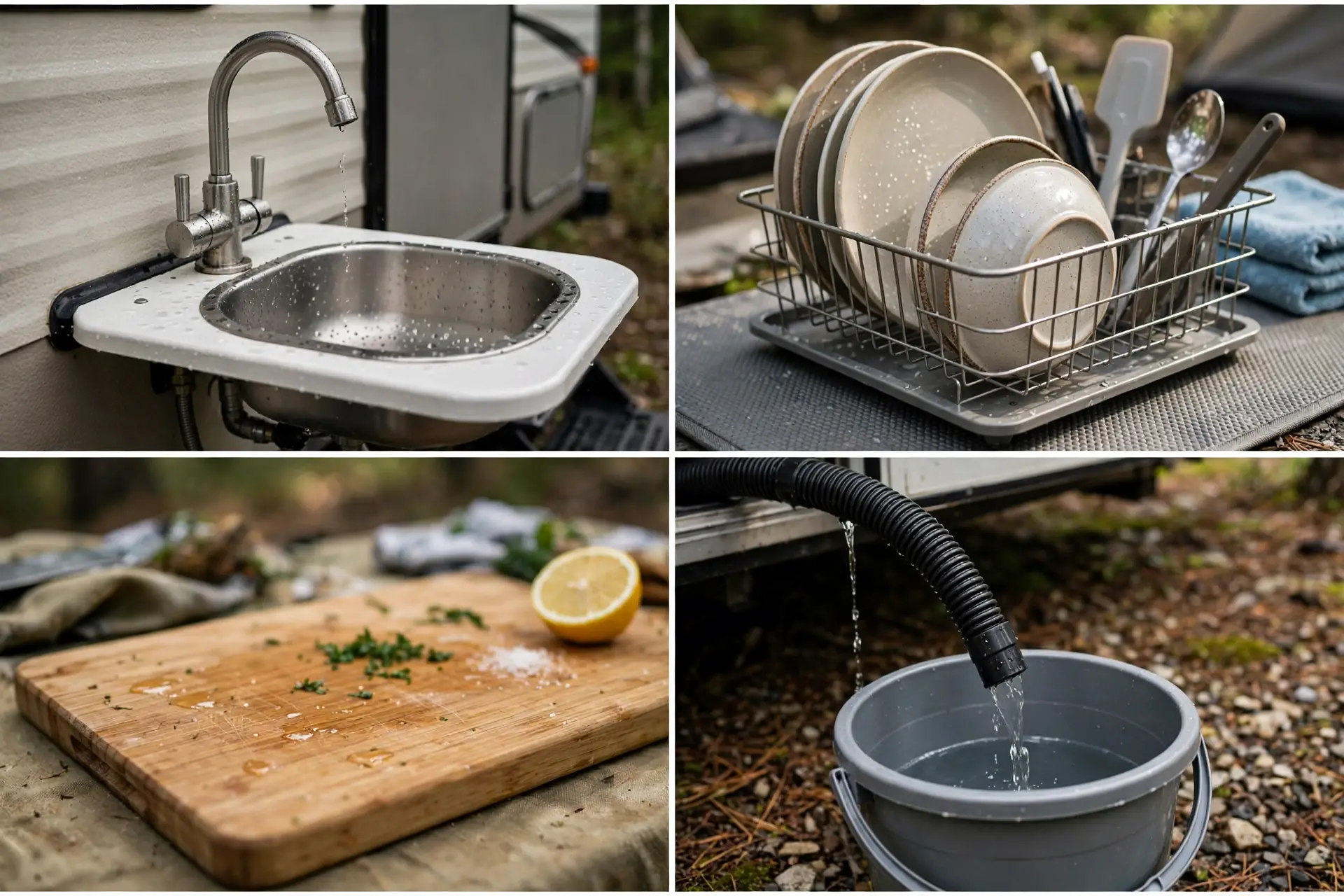 Detail collage of the sink station: faucet and basin, dish rack, cutting board, drain bucket
