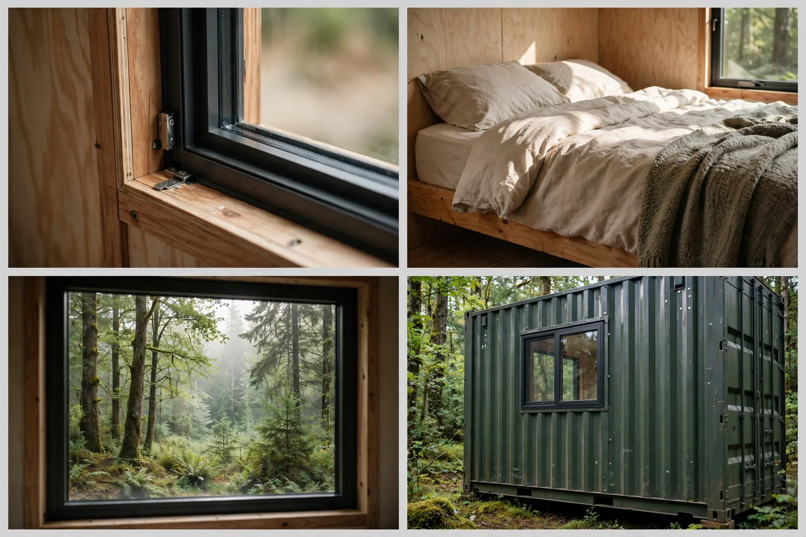 Four-panel collage of the ribbon window: slim frame and wood trim close-up, morning light on the bed, framed forest view, exterior view