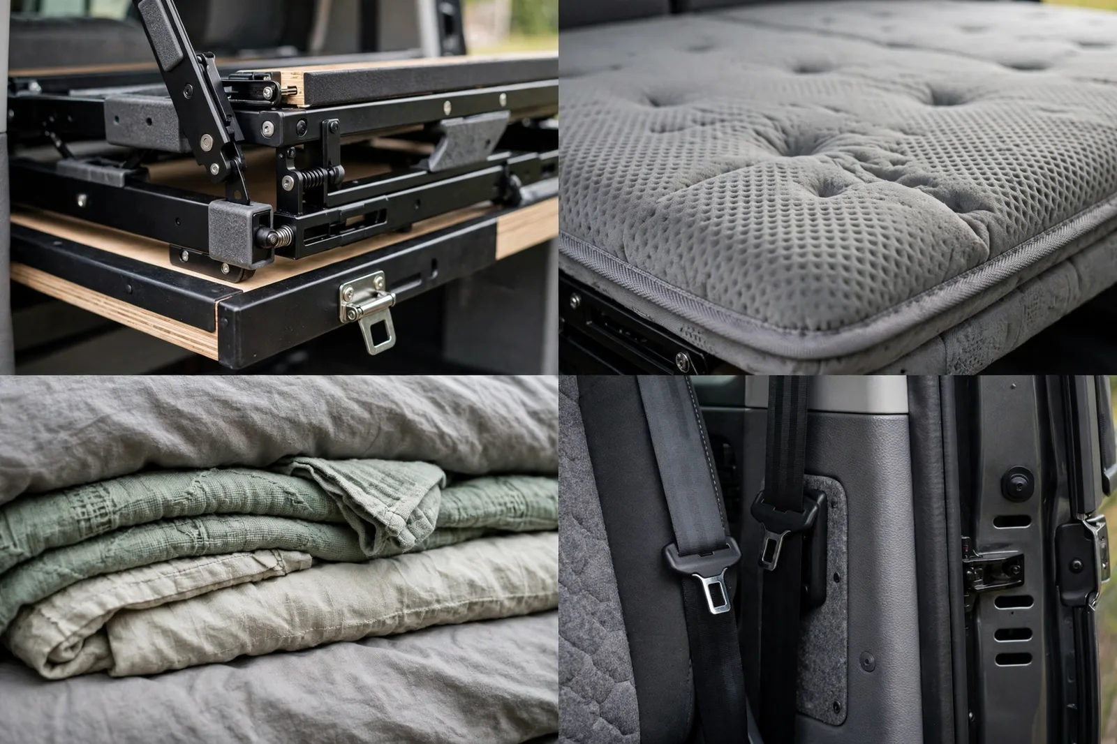 Four detail views of the convertible rock-and-roll bed: the fold-flat bench mechanism, the quilted mattress topper, folded linen bedding, and seat belts against the van side panel
