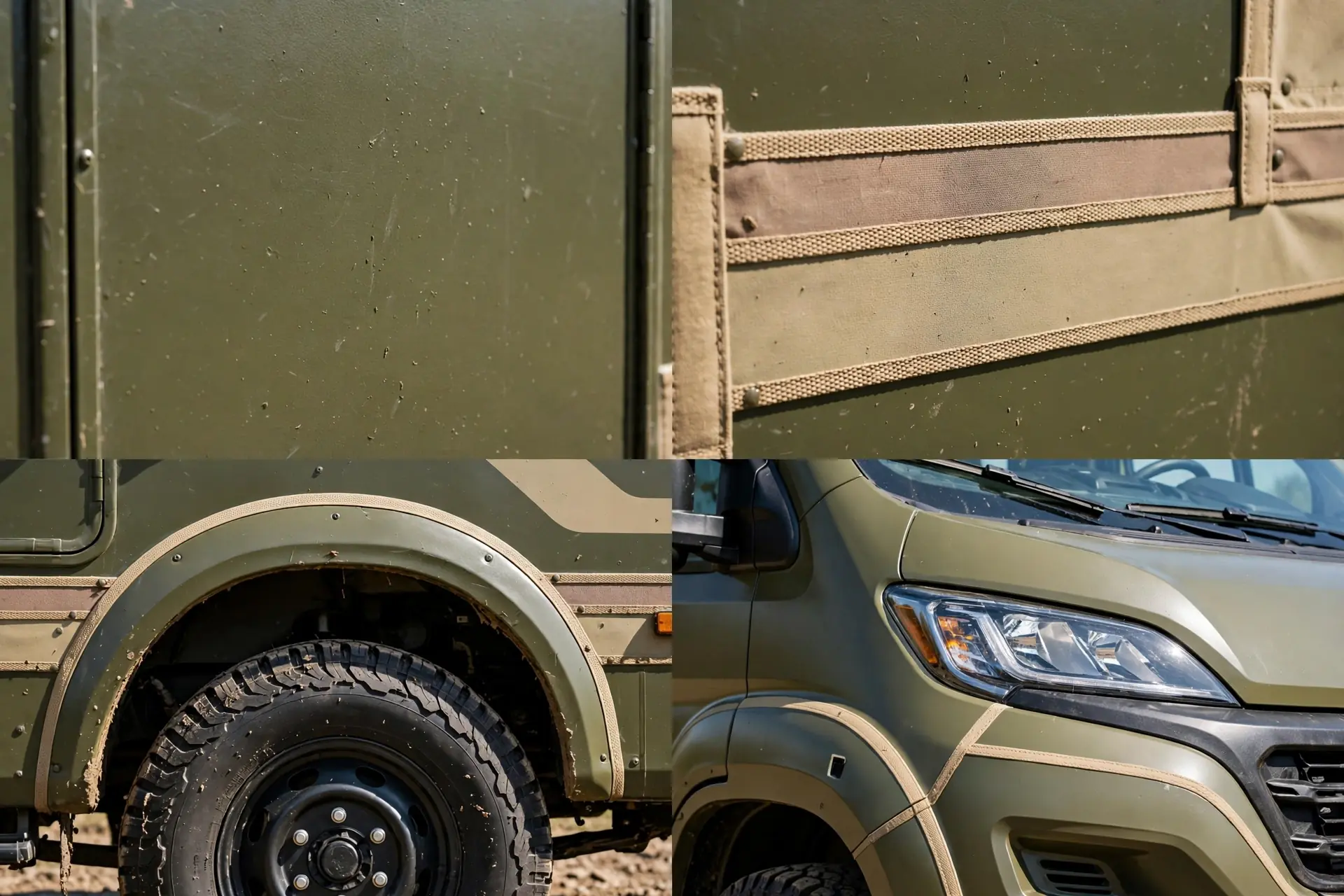 Four-panel detail collage of the olive green and khaki motorhome design