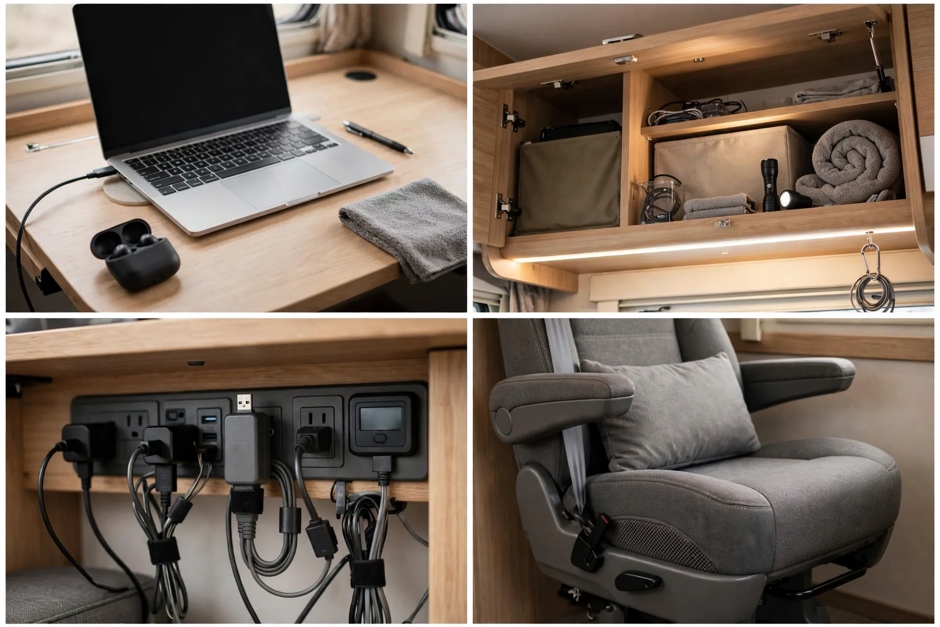 Four-panel detail collage of the RV overhead cabinet workstation showing the laptop desk surface, overhead cabinet storage and task lighting, power and cable setup, and ergonomic chair