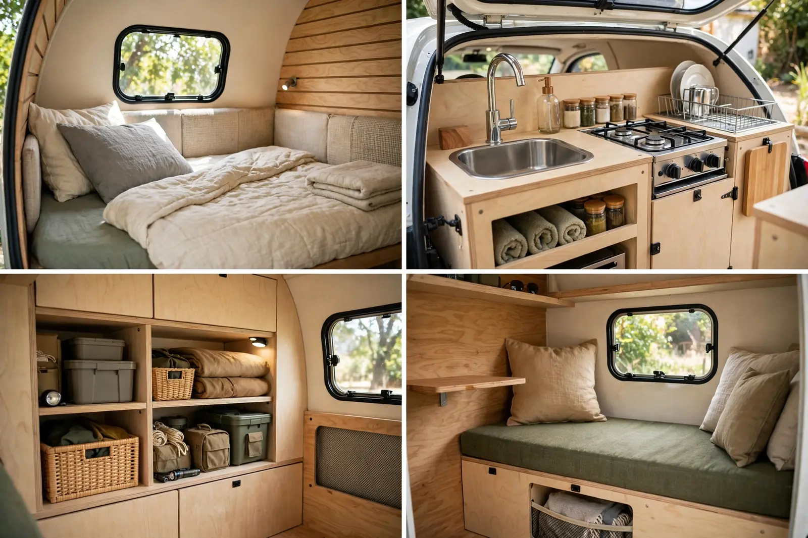 Four-panel collage of a teardrop camper trailer showing the bed, rear galley kitchen, storage cubbies, and bench seating