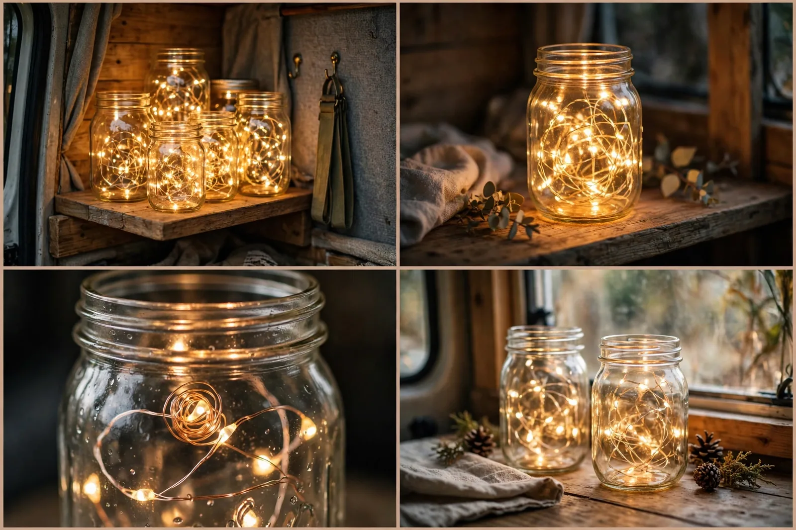 Four-panel detail collage of glass mason jars with warm fairy lights in a camper van showing a glowing jar on a shelf, fairy wire detail, and jars near a window and on a table