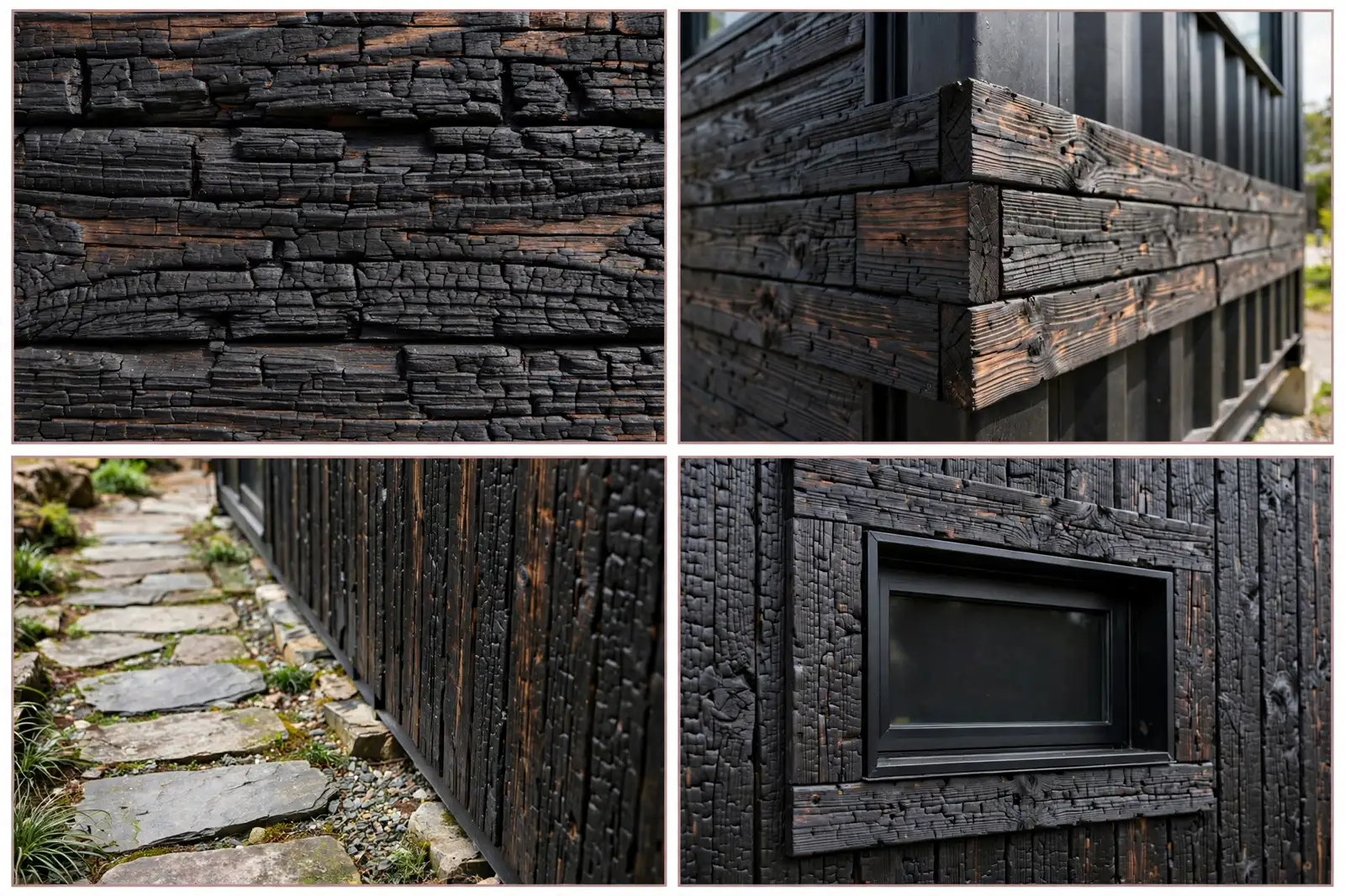 Four-panel collage: charred wood texture close-up, board joints on corner, stone pathway, black steel window reveal in timber