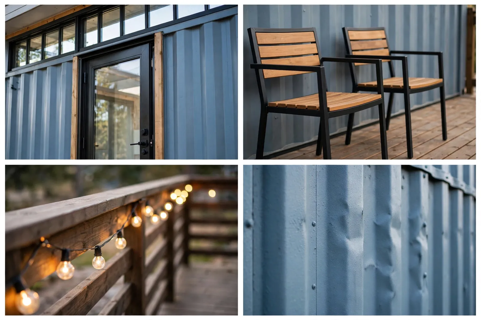 Four-panel collage: glass door, private deck, string lights, blue paint