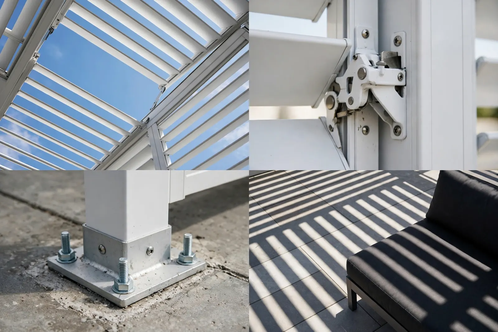 Four detail photos of a louvered patio roof: white louvers half-open against the sky, a close-up of the louver pivot mechanism, a white aluminum post base bolted to a concrete slab, and striped sunlight through the louvers on a tiled patio with a sofa.