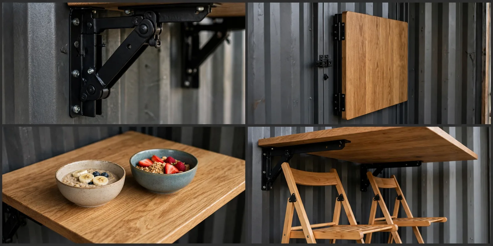 Fold-down table details: black folding brackets, table folded flat to the wall, breakfast bowls on oak top, folding chairs