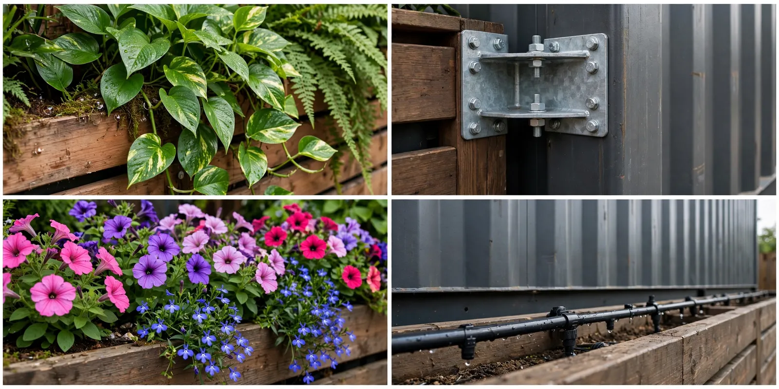 Detail collage of the cascading planters showing trailing pothos, the steel bracket on the corner post, petunias and the drip line