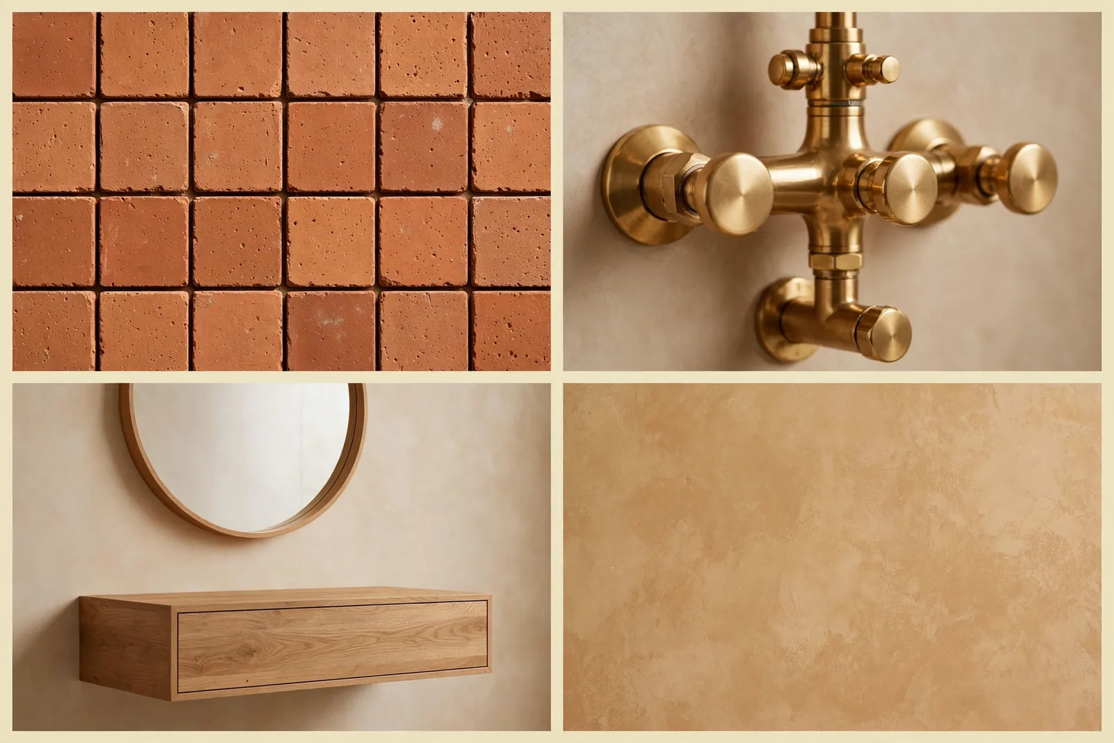Four-panel collage of desert boho bathroom details: terracotta tile texture, brass shower valve, oak vanity with round mirror and limewash wall