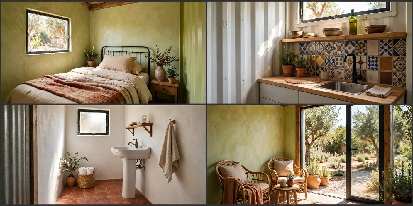 Four interior views of a mediterranean container guest house: bedroom, kitchenette, bathroom and lounge