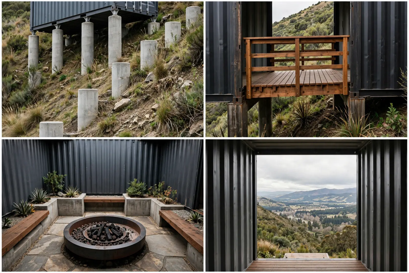 Four detail views of the Amphitheater: stepped pier foundations, wooden deck bridge, sunken courtyard with fire pit, and the valley view through the open side.