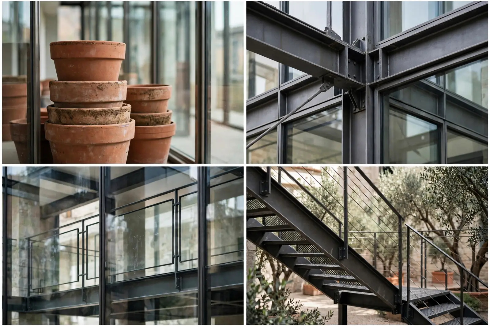 Four close-up detail photos of the stacked terracotta containers: terracotta pots against the glass wall, the steel frame joint, the mezzanine railing seen through the glass, and the external steel staircase among olive trees.