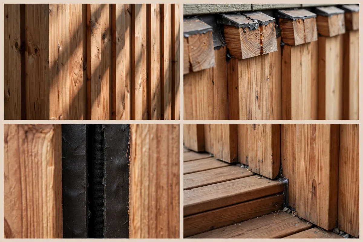 Cedar batten details: batten shadow lines, batten ends, dark backing-board gap, and deck edge