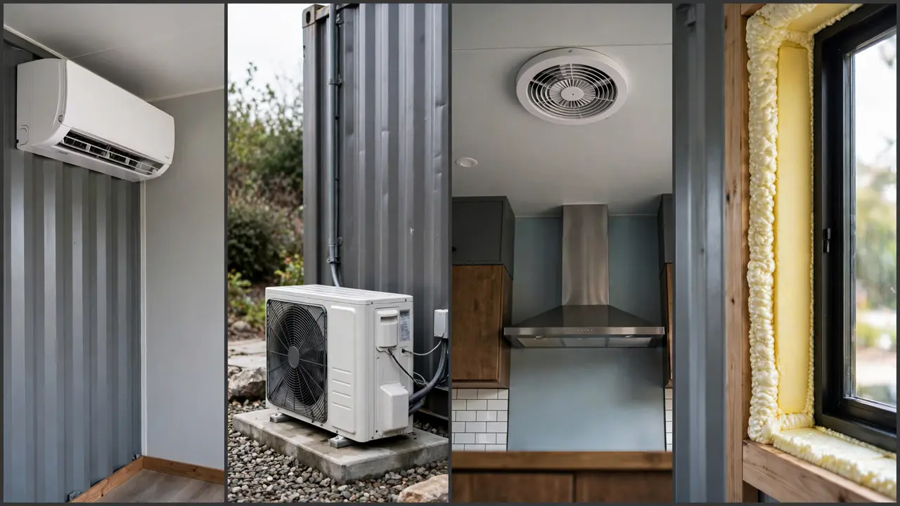 Climate control details: ductless mini-split indoor head, outdoor condenser unit, ceiling ventilation fan, spray foam insulation at window frame