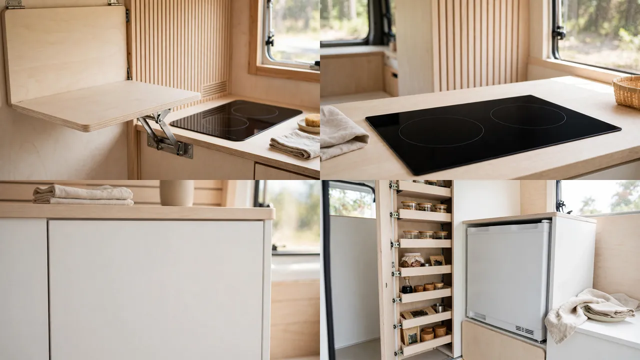 Close-up details of fold-down counter leaf, flush induction, push-latch cabinets and pull-out pantry