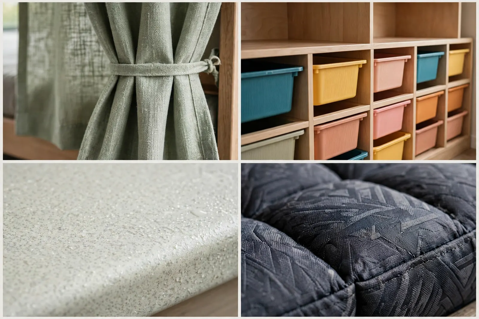 Four-panel detail collage showing a gathered bunk privacy curtain with tieback, colorful toy storage bins in wooden cubbies, a wipeable white surface dotted with water droplets, and dark quilted performance fabric upholstery.