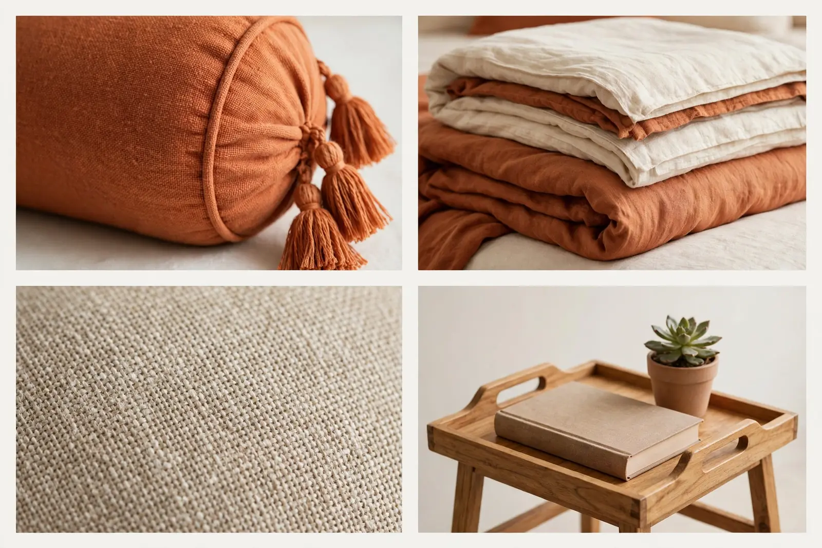 Four-panel collage showing bolster pillow detail, fold of the daybed bedding, wall cushion texture, and side table tray