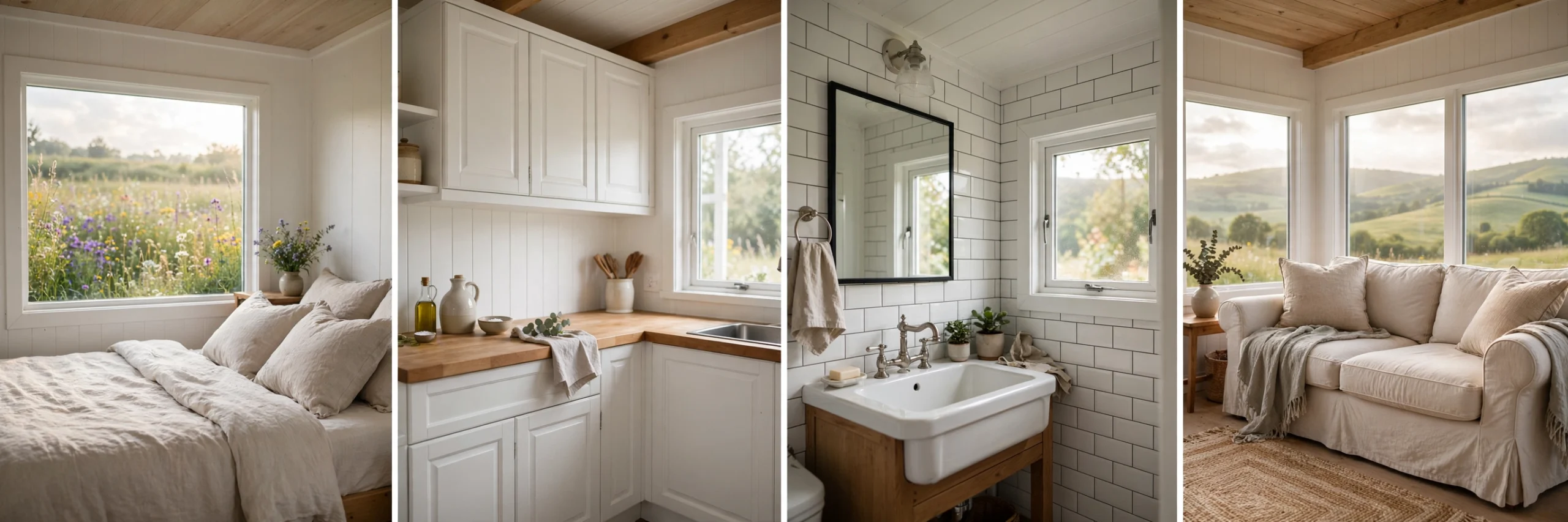 Interior collage of the meadow homestead: linen bedroom, white shaker kitchen, subway-tile bathroom, and slipcovered living area