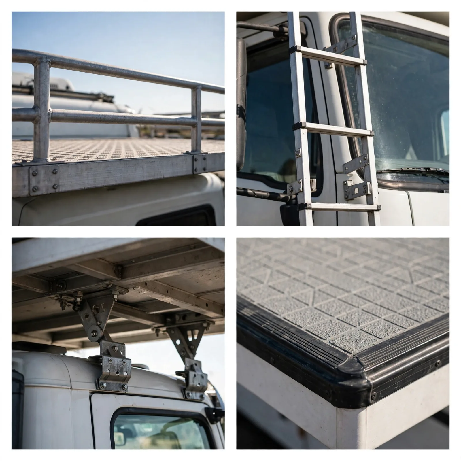 Four-panel collage: railing corner post, rear ladder brackets, deck storage box, non-slip deck surface