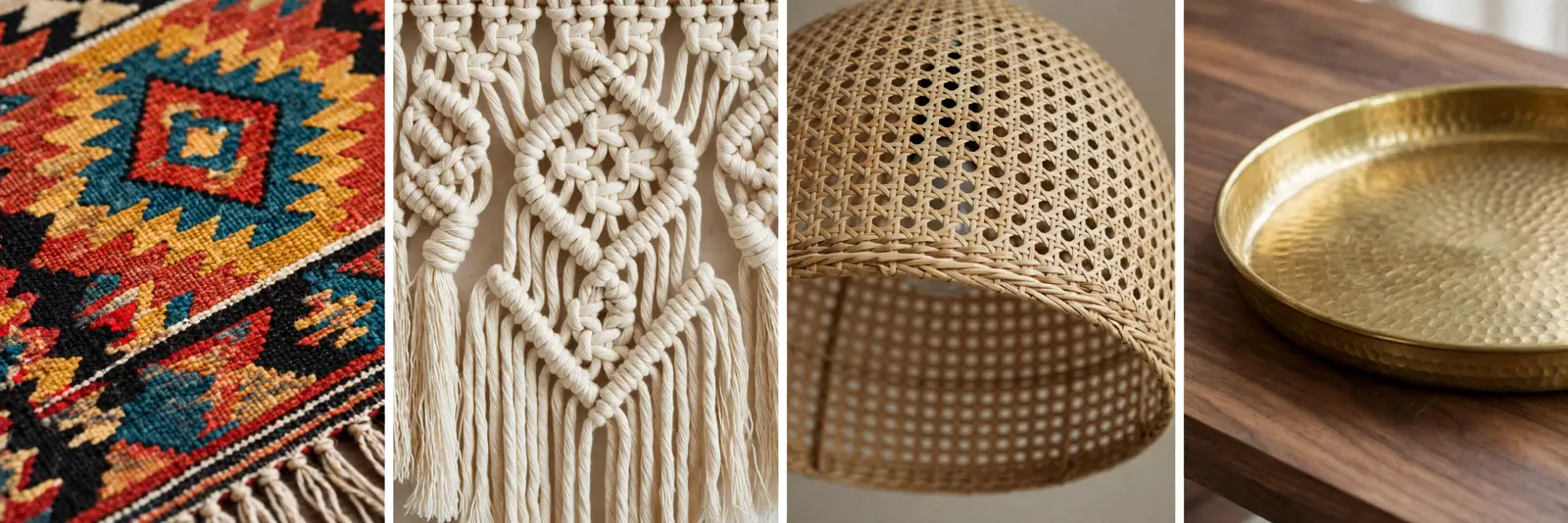 Four detail panels: kilim geometric textile, cream macrame wall hanging, rattan pendant shade, hammered brass tray