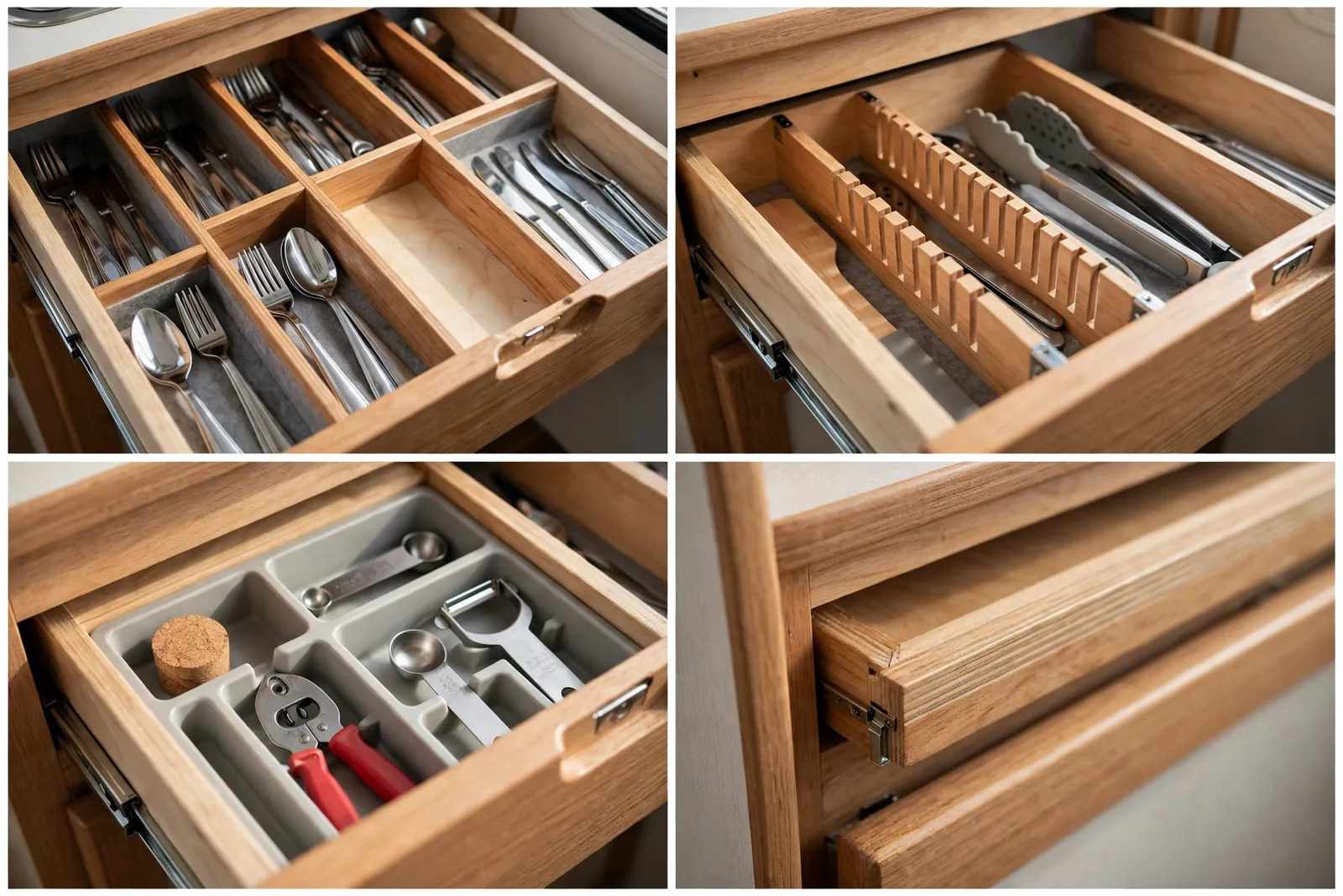 Detail collage: cutlery compartments, utensil divider, small gadget slots, wooden insert edge