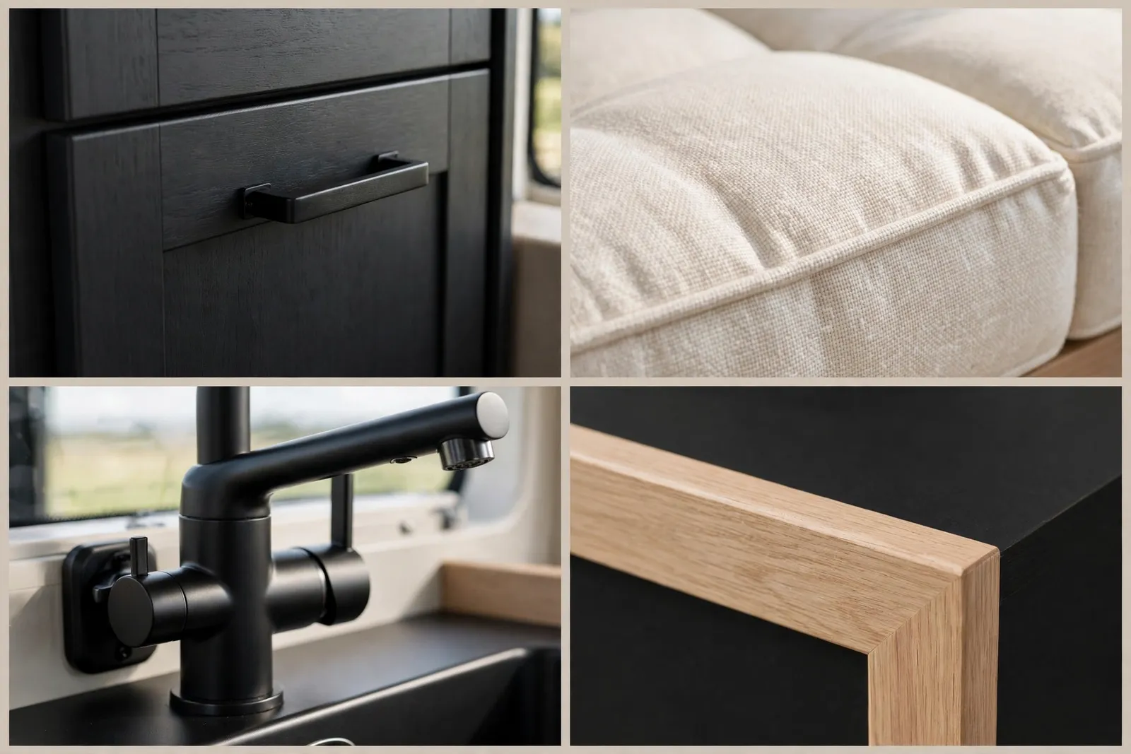 Matte black and warm white motorhome detail collage