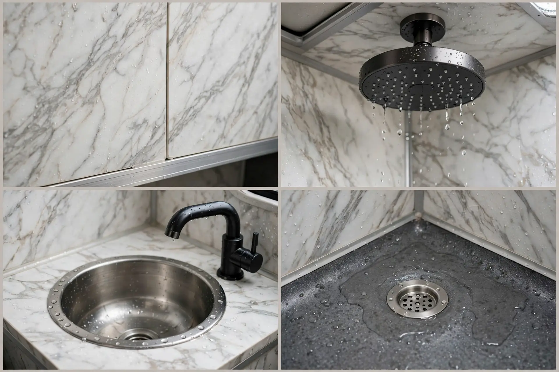 Close-up details of a marble-look camper van wet bath: panel veining, rainfall shower head, round sink and drain