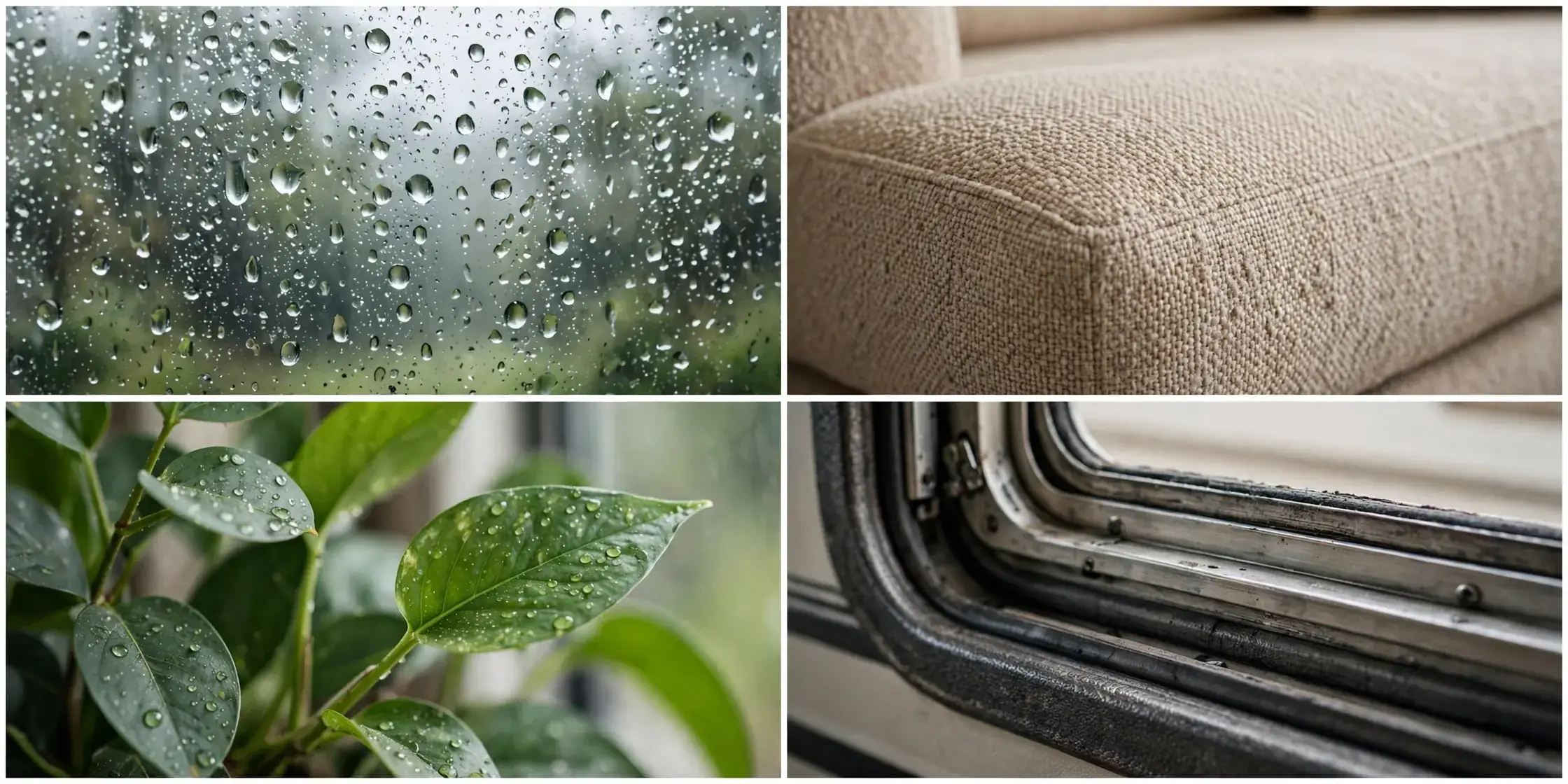 Close-up details of the RV slide-out panoramic lounge: rain droplets on glass, sofa fabric, plants and window frame