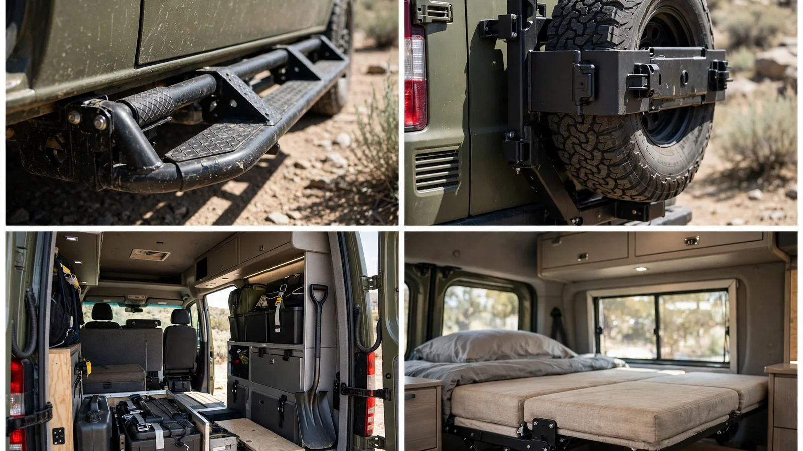 Four-panel detail collage of the Rock Hopper ProMaster showing rock sliders, spare tire carrier, garage storage and fold-down bed