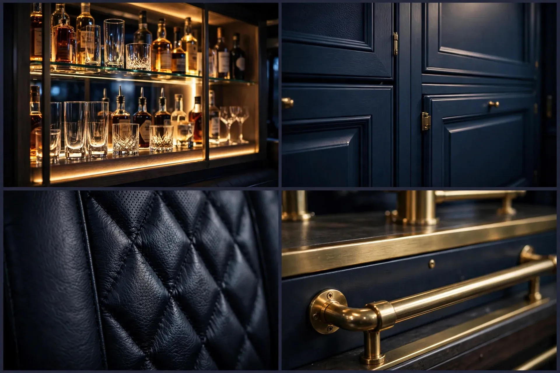 Detail collage of backlit drinks shelving, navy cabinetry, leather texture and brass bar detail