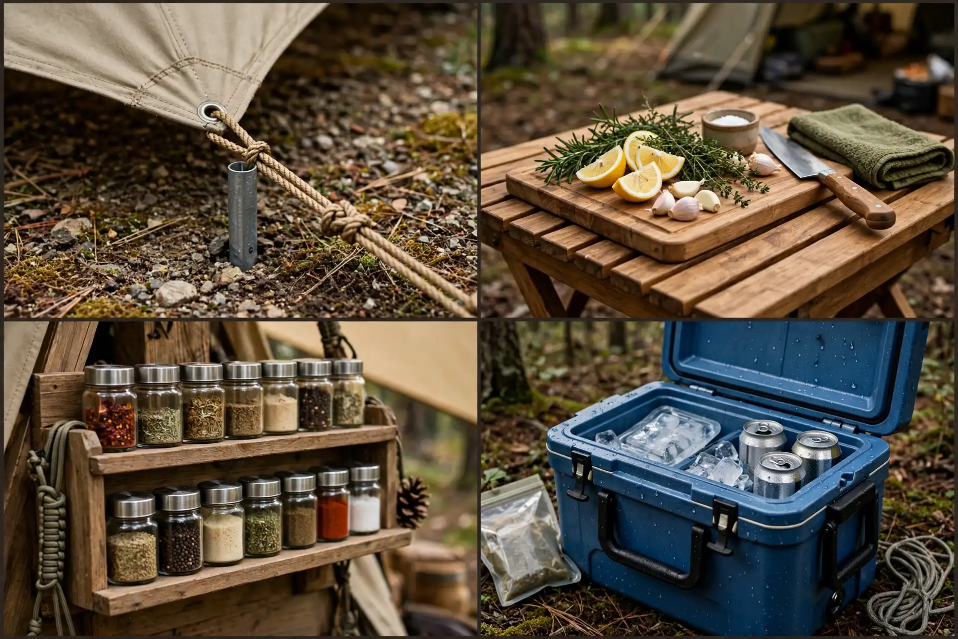 Detail collage of the shade sail kitchen: sail anchor, prep island, spice rack, cooler