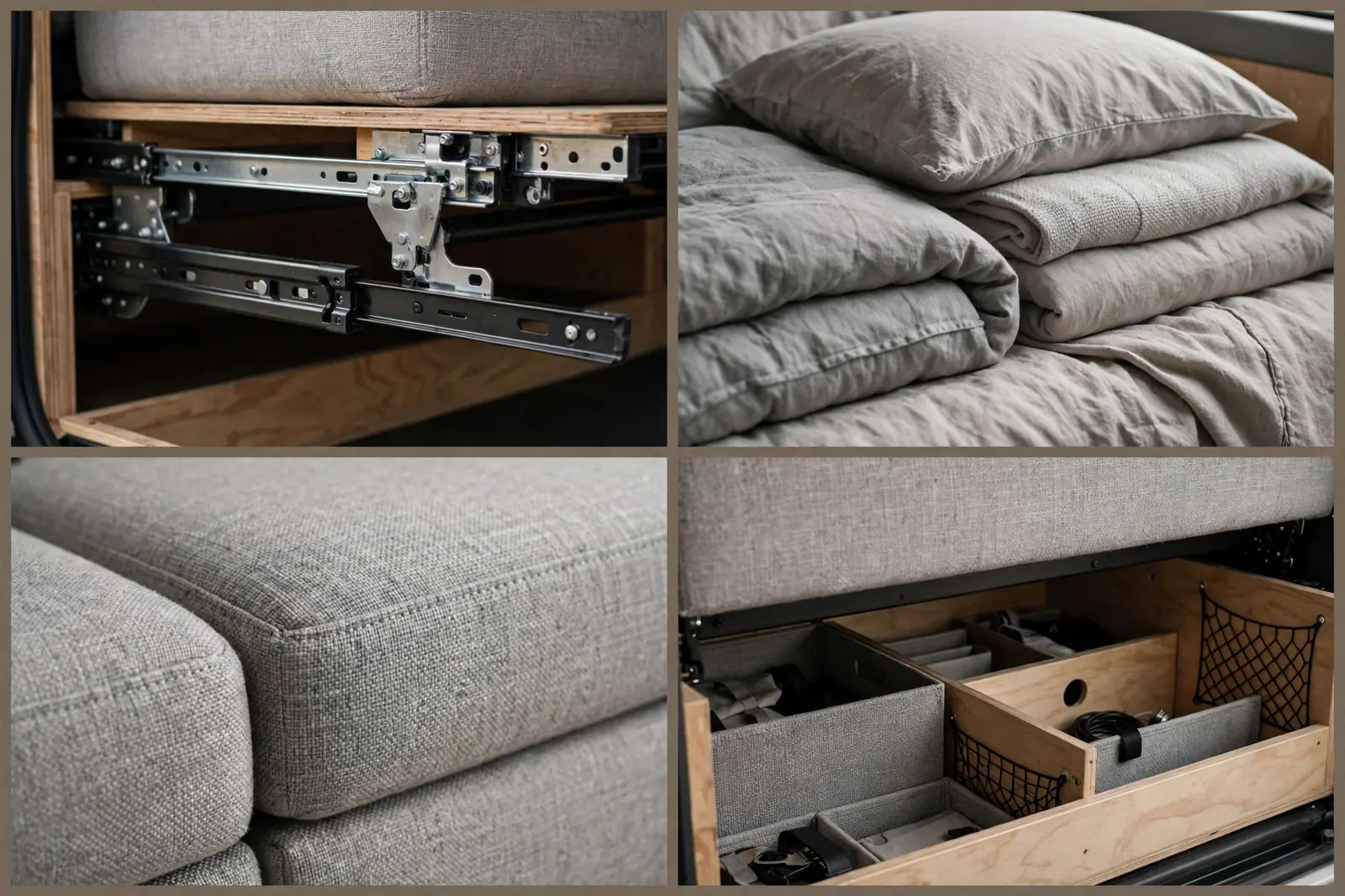 Four detail views of a camper van convertible sofa bed: the metal pull-out mechanism, folded grey linen bedding, textured grey sofa fabric, and open storage compartments below the bed