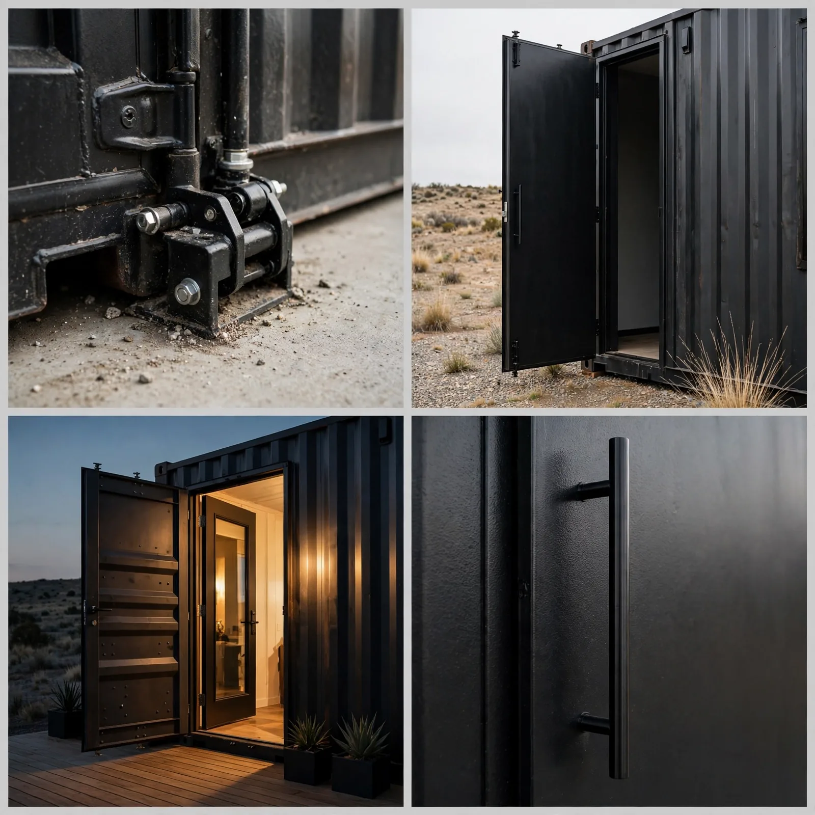 Four-panel collage of the pivot door: pivot hinge close-up, tall door open from the side, dusk light spill, long handle detail