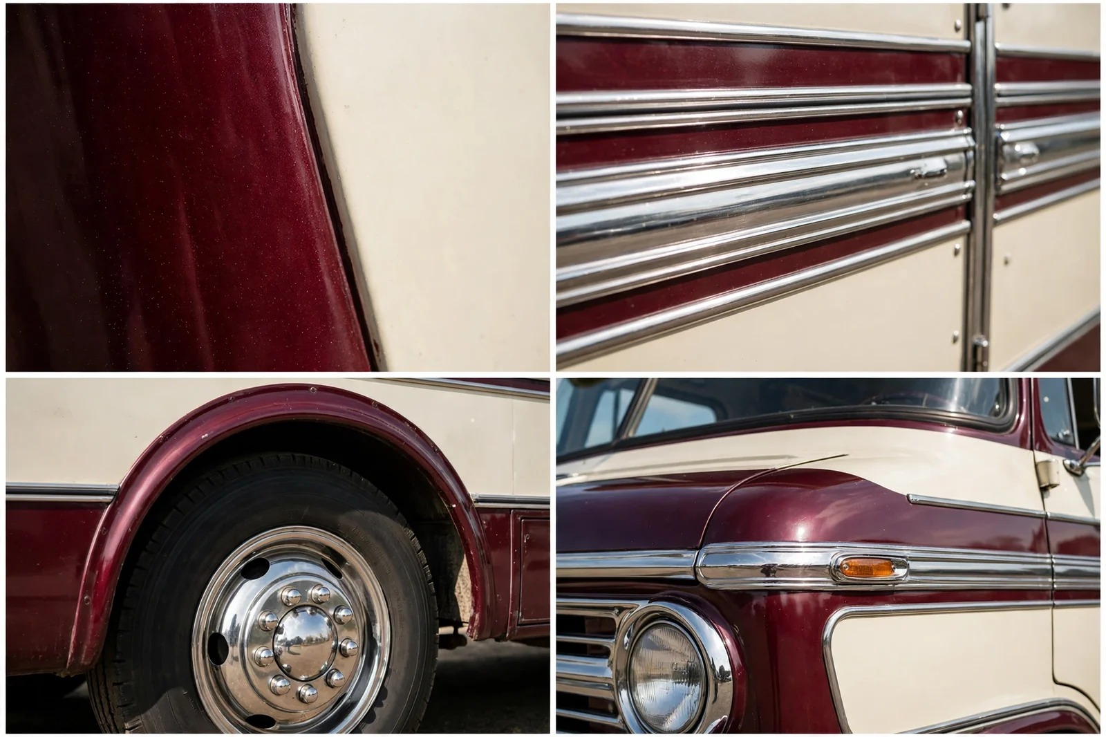 Four-panel detail collage of the burgundy and cream motorhome design