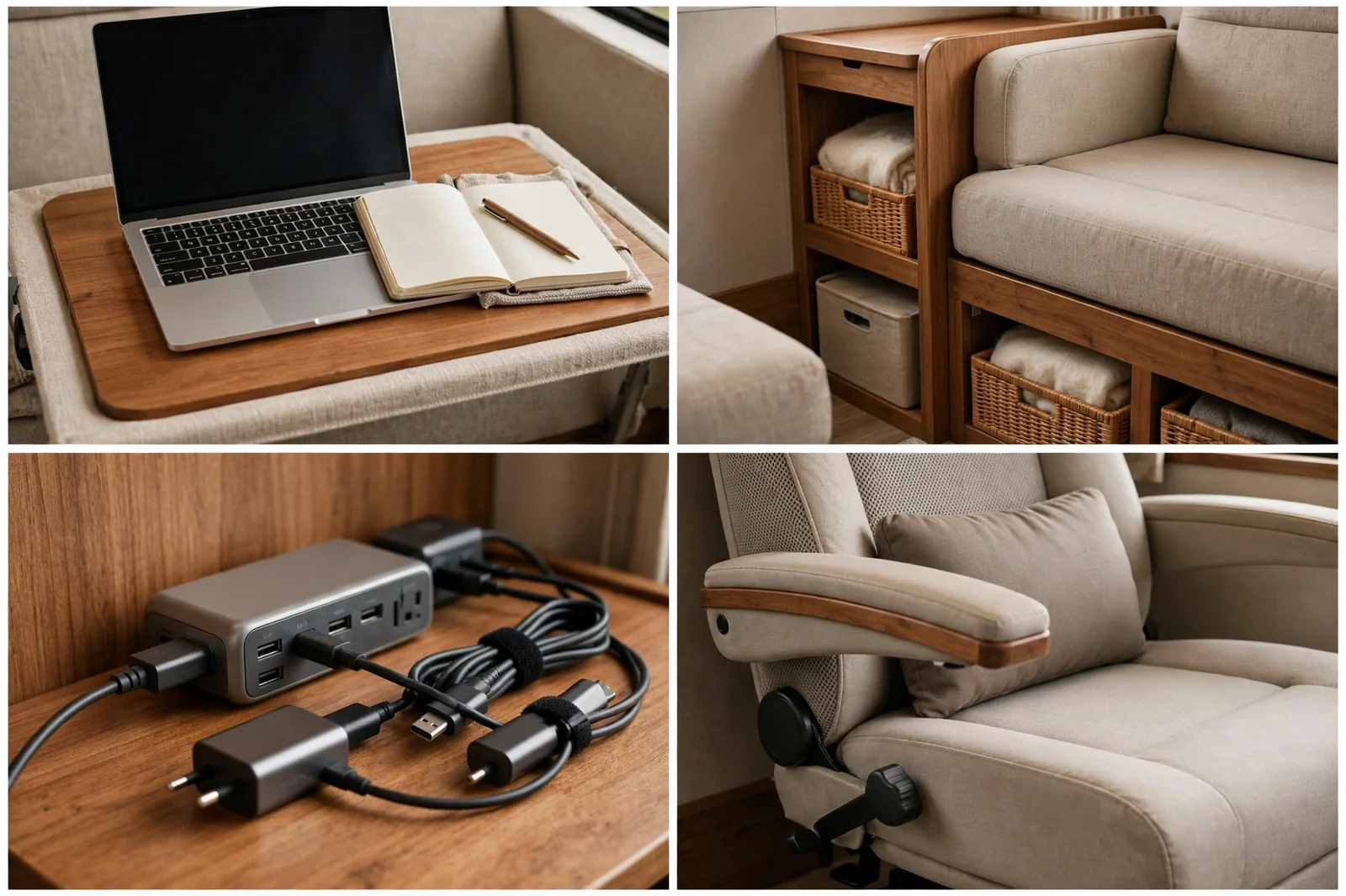 Four-panel detail collage of a portable lap desk lounge setup showing the lap desk surface, lounge storage baskets, power and cable setup, and lounge chair armrest