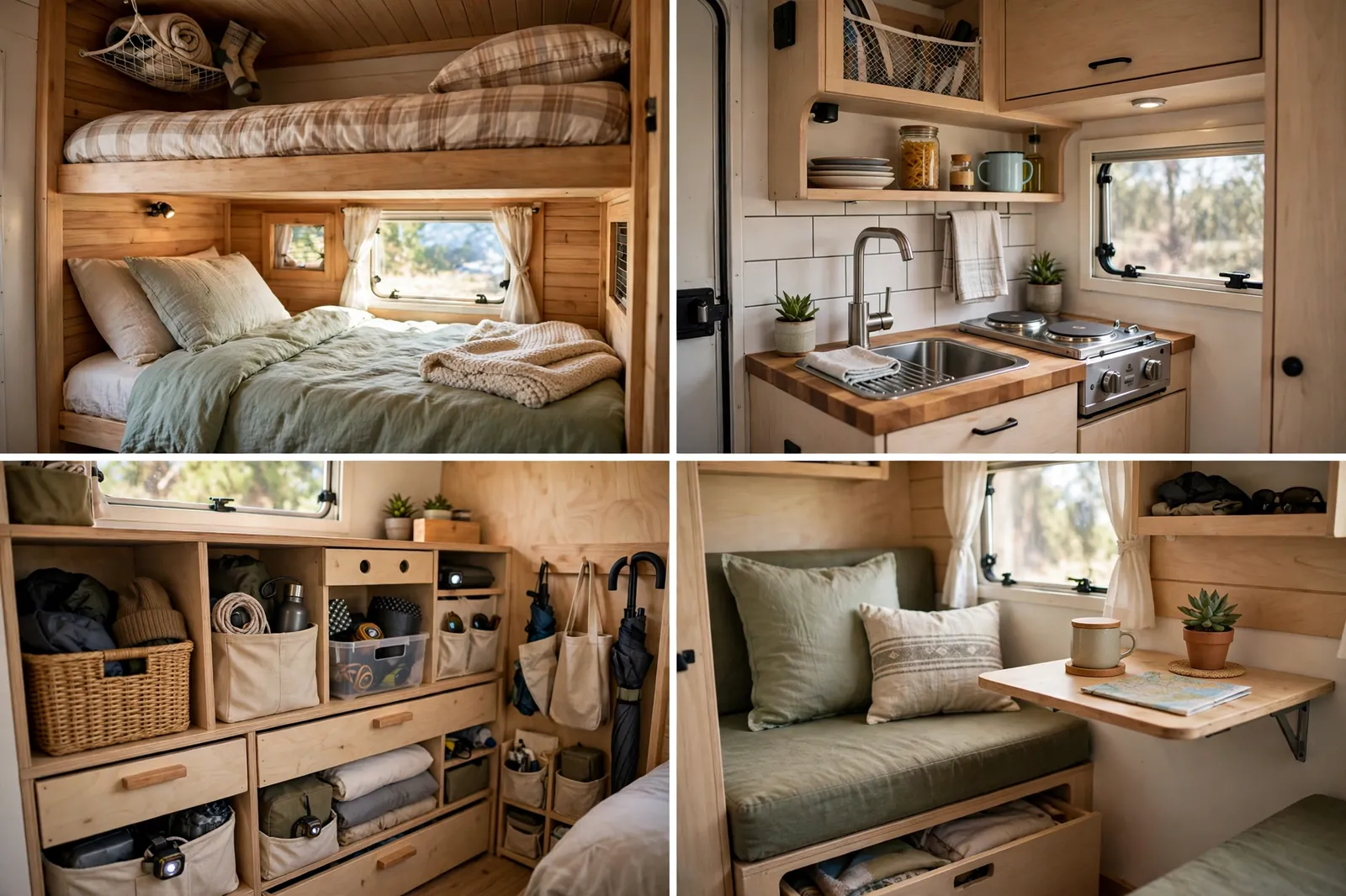 Four detail views of a family bunk micro camper: bunk bed, kitchenette, storage cubbies, and seating nook