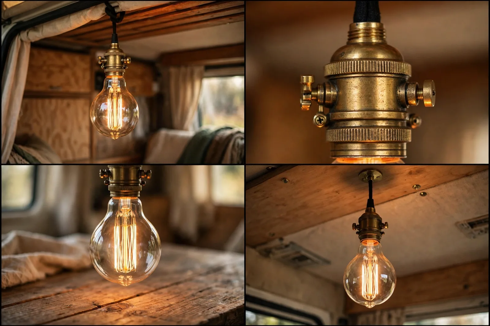 Four-panel detail collage of a vintage Edison bulb pendant in a camper van showing the warm filament, brass fitting detail, and bulb over a wooden table