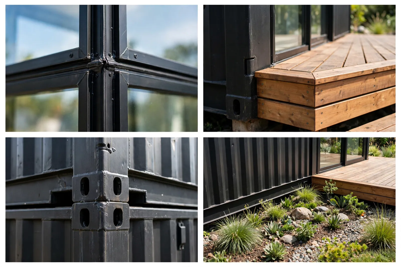 Four-panel collage: glass corner mullion detail, corner deck boards, container corner joint, landscaped bed along the L-junction