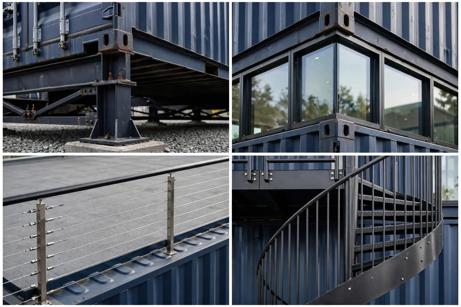 Four-panel collage: stacked corner, glass windows, rooftop railing, spiral stair