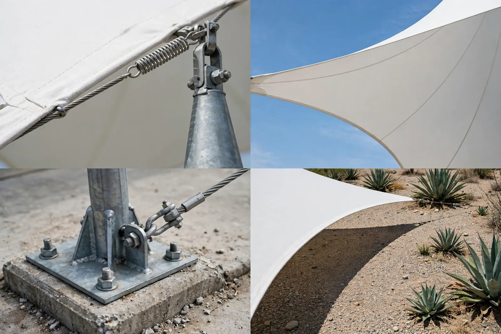Four detail photos of a tensile membrane canopy: the fabric edge with cable hem and tensioning spring at a steel mast top, the swooping white canopy from below against blue sky, a steel mast base plate bolted to a concrete footing with a guy cable, and the canopy's curved shadow on desert gravel with agaves.