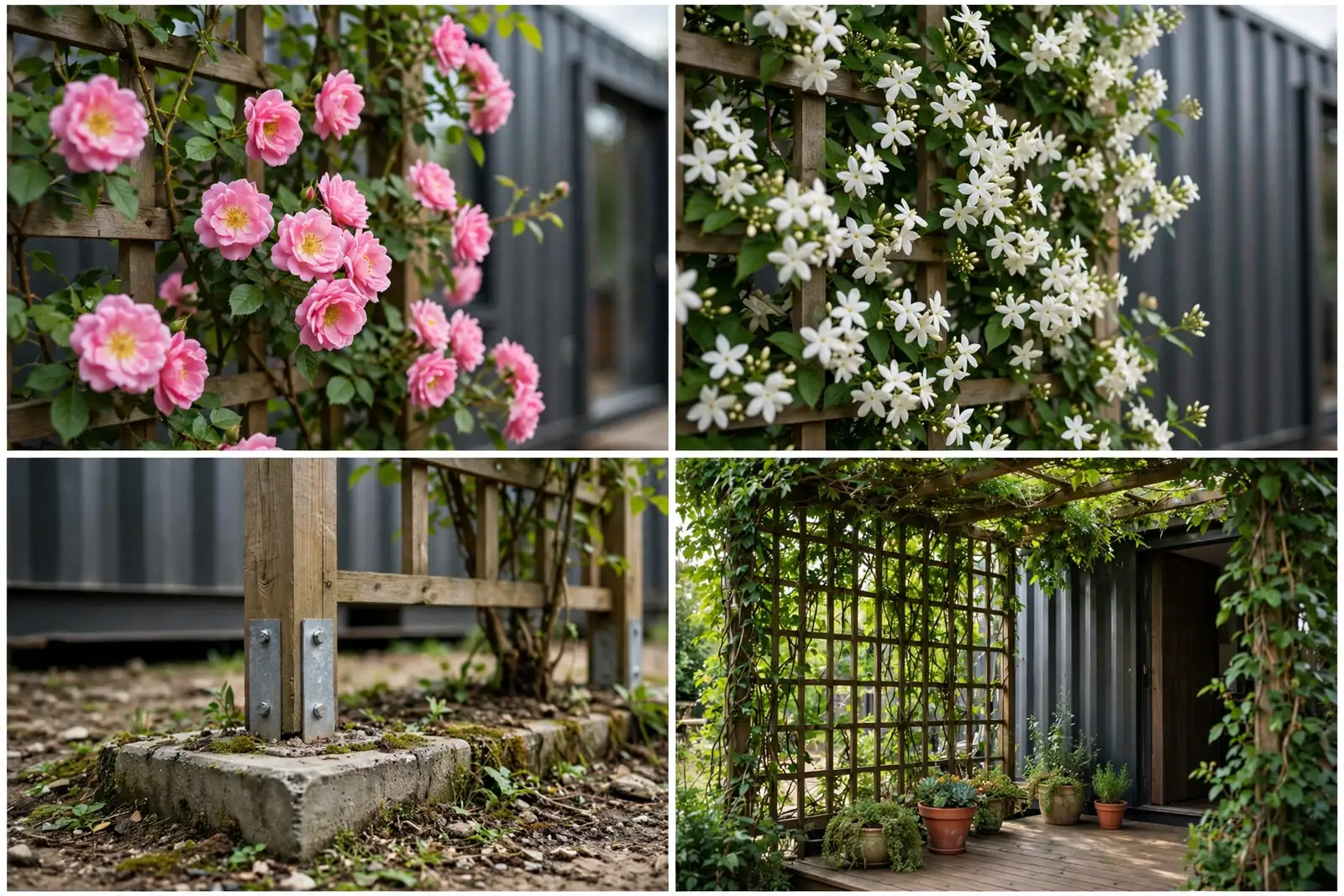 Detail collage of the trellis screen with climbing roses, jasmine flowers, the concrete footing and the shaded deck behind