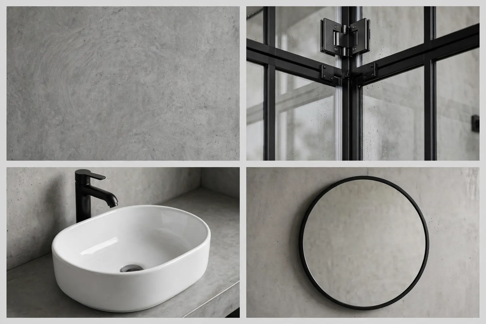 Four-panel collage of monochrome concrete bathroom details: concrete texture, black shower frame, white vessel sink with black faucet and framed mirror