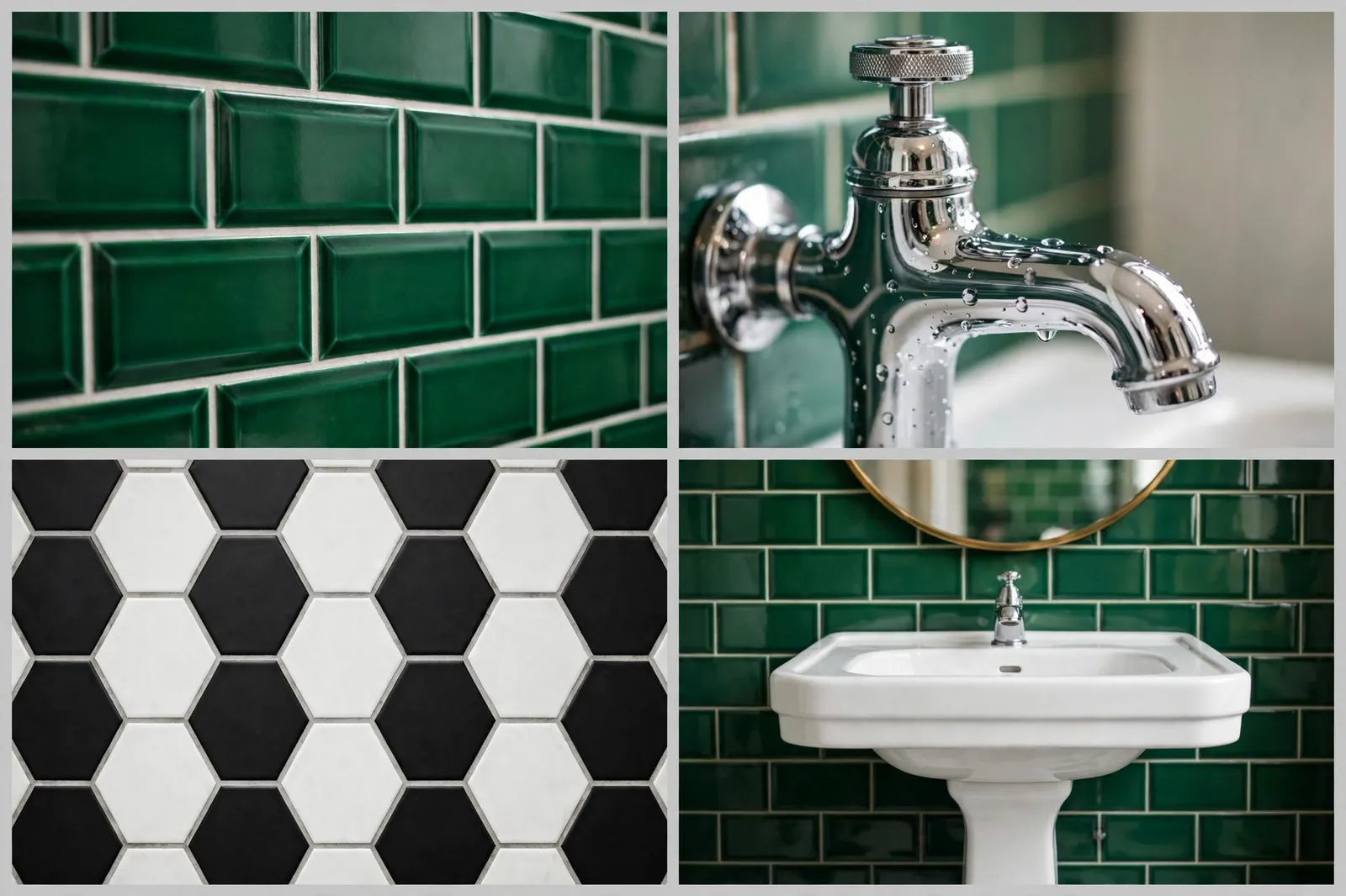 Four-panel collage of retro emerald bathroom details: green subway tile, chrome faucet, black-and-white hex floor and pedestal sink with mirror
