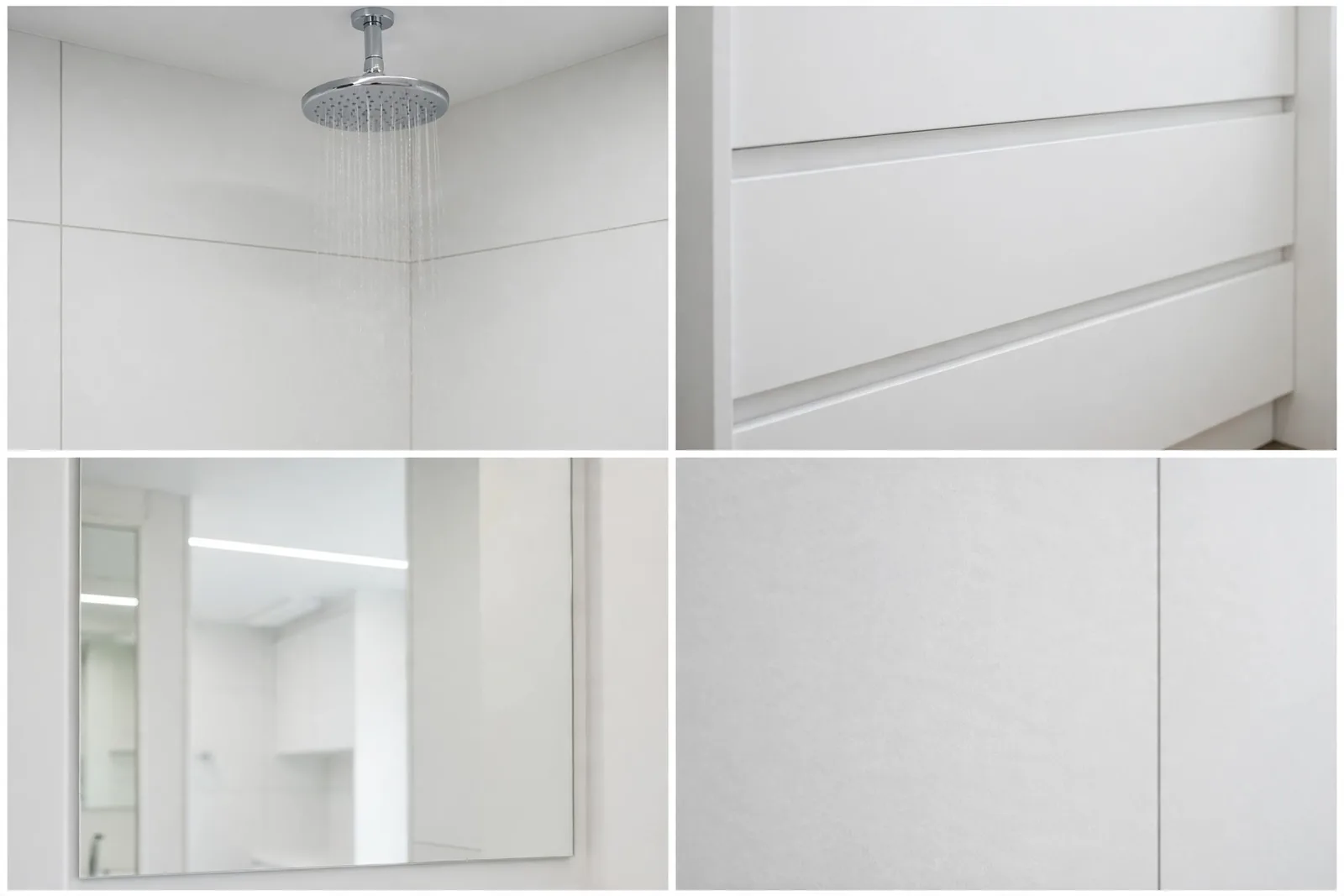 Detail collage: chrome shower, handleless vanity, wall mirror, white tile texture