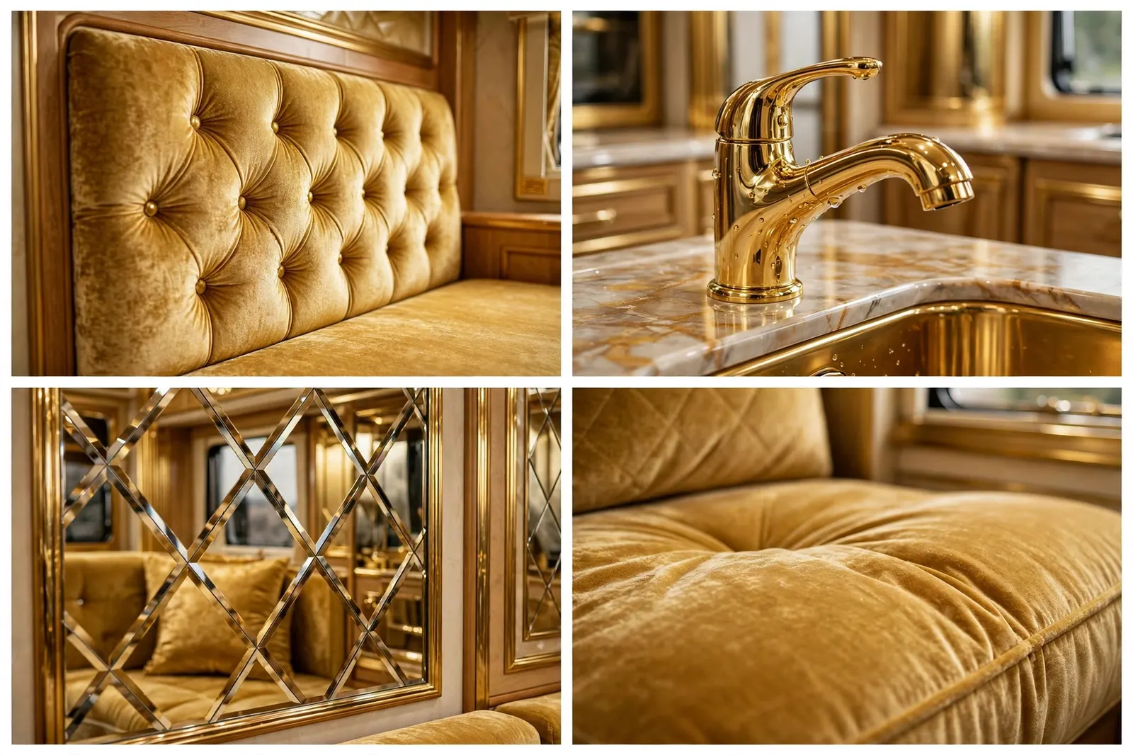 Four-panel detail collage showing a gold tufted velvet headboard, a polished gold faucet on a marble counter, a diamond-lattice mirrored accent reflecting the interior, and gold velvet cushion fabric.