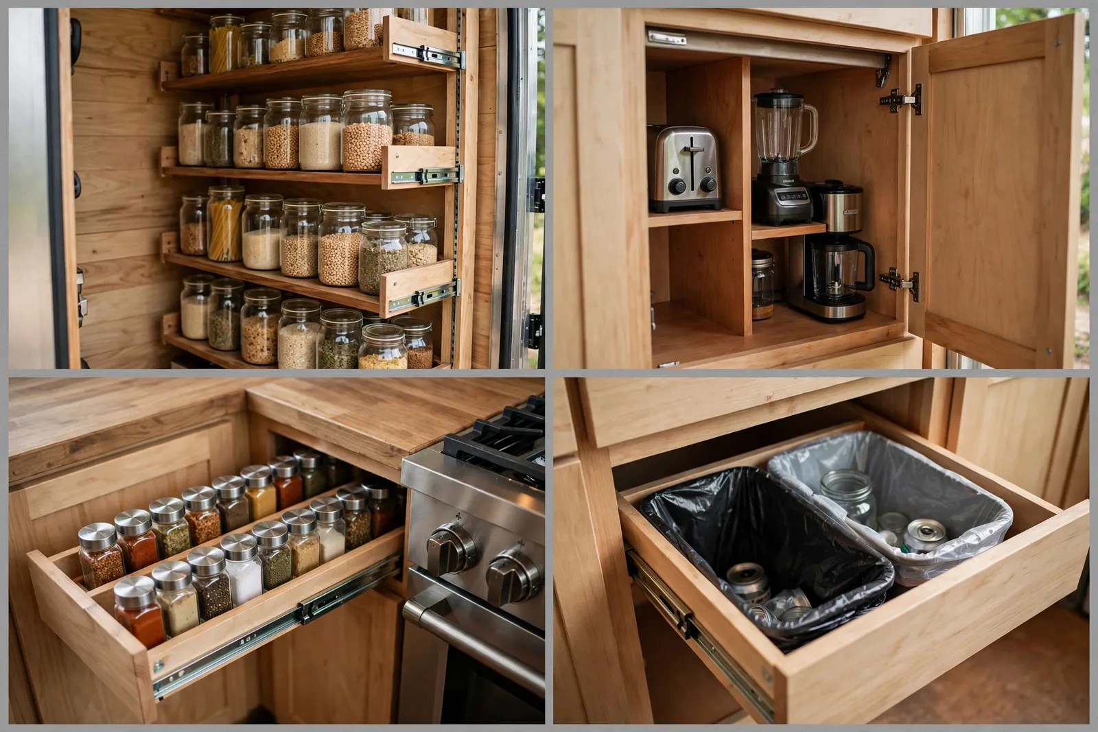 Pantry wall details: pull-out shelves, appliance garage, spice pull-out, trash drawer