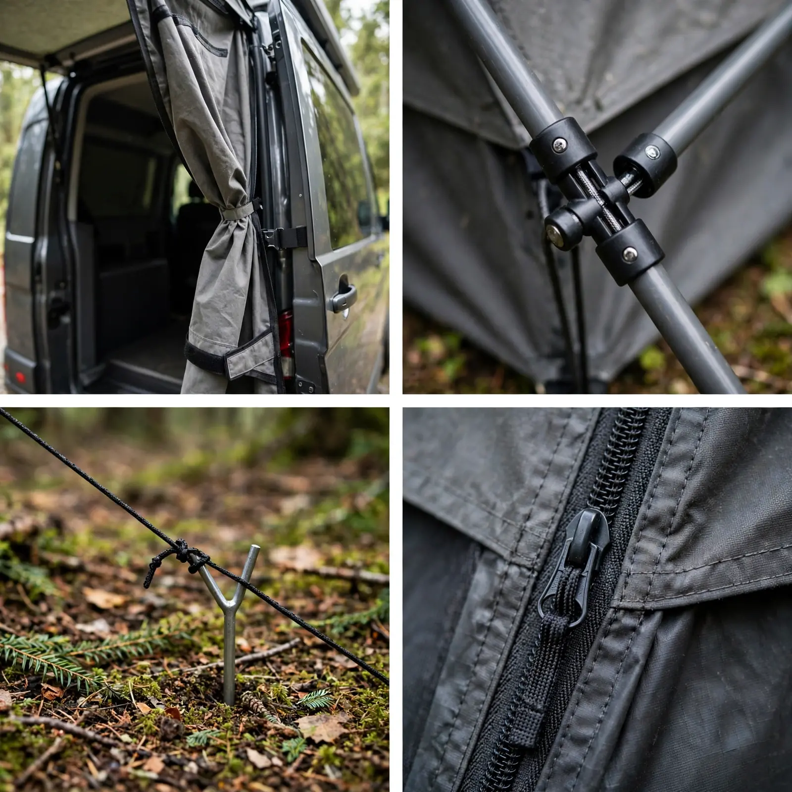 Four-panel collage: sail corner strap, staked pole base, roof rack clamp, sail fabric weave