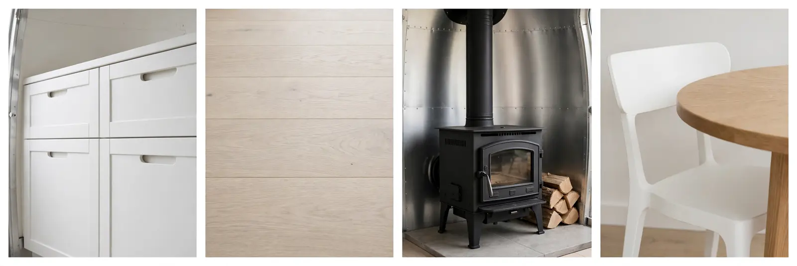 Four detail panels: white cabinetry with finger pulls, pale ash floor, black wood stove, white molded chair