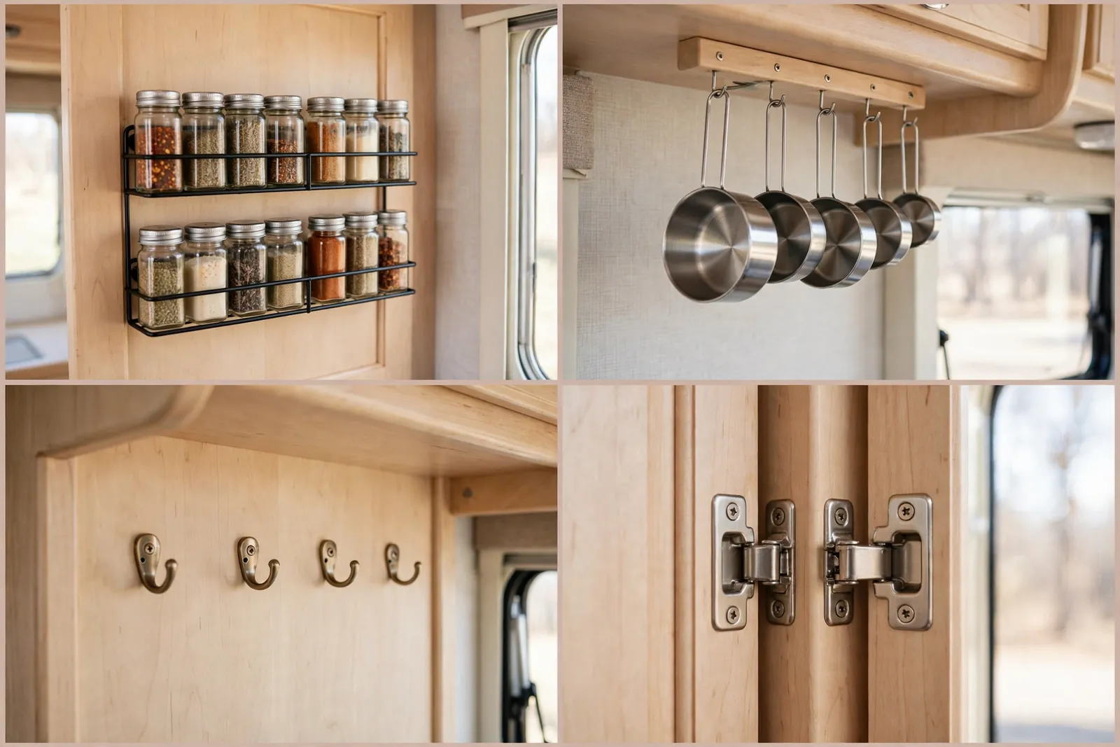 Detail collage: door-mounted spice rack, hanging measuring cups, small hooks, cabinet door hinges