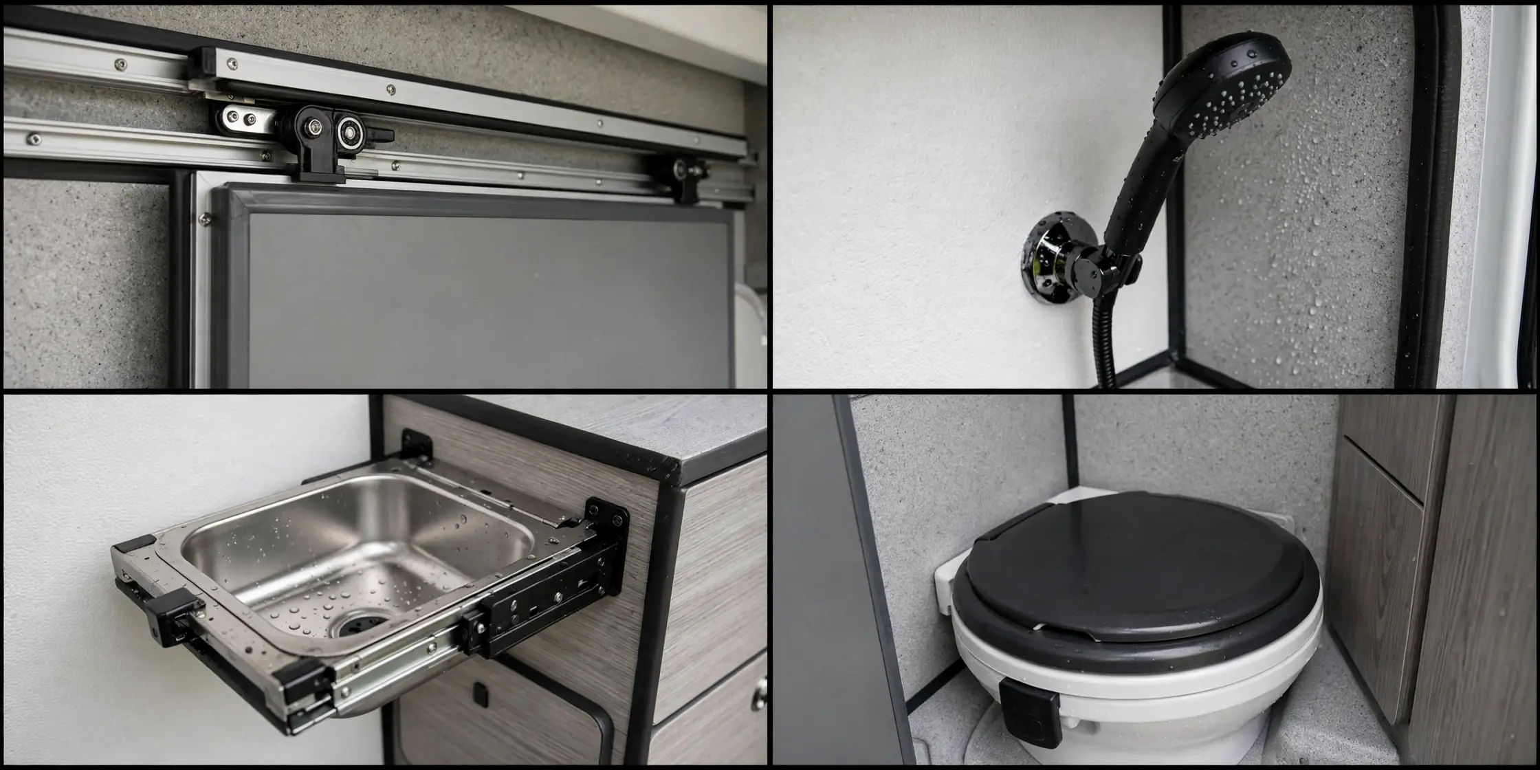 Close-up details of a pull-out shower camper van wet bath: sliding panel track, cubicle shower head, fold-away sink and toilet